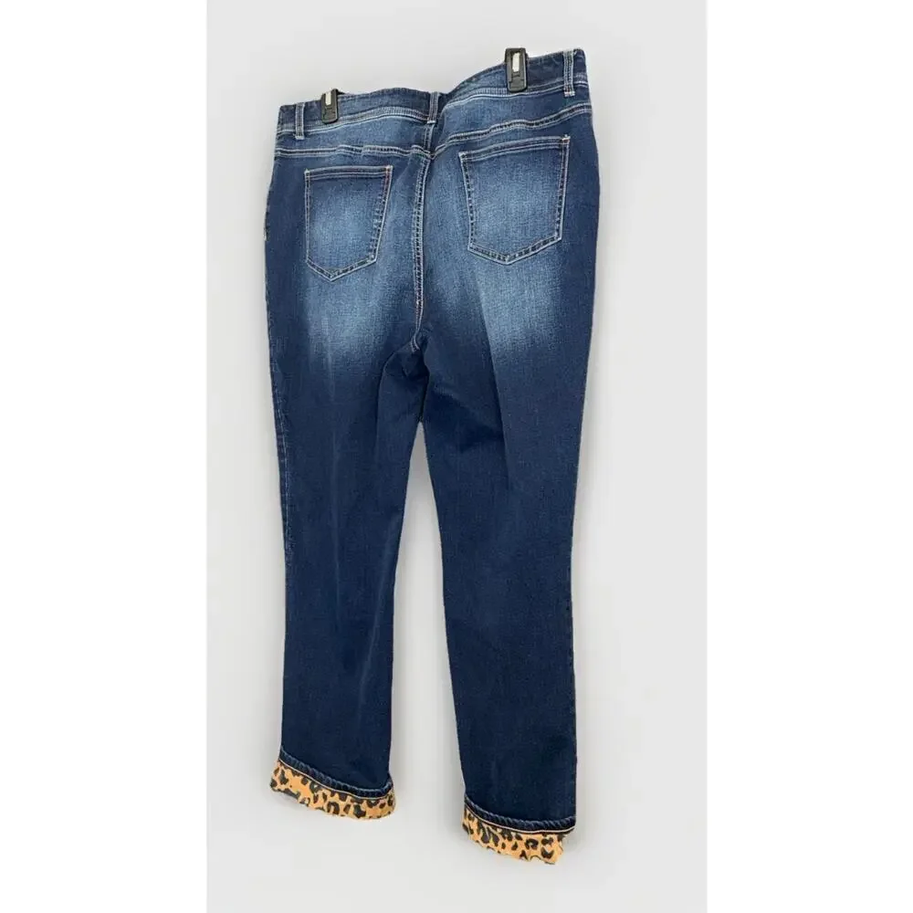 Chicos Animal Leopard Print Cuffed Jeans Stretch Distressed Rhinestone Size 3 - Picture 2 of 6